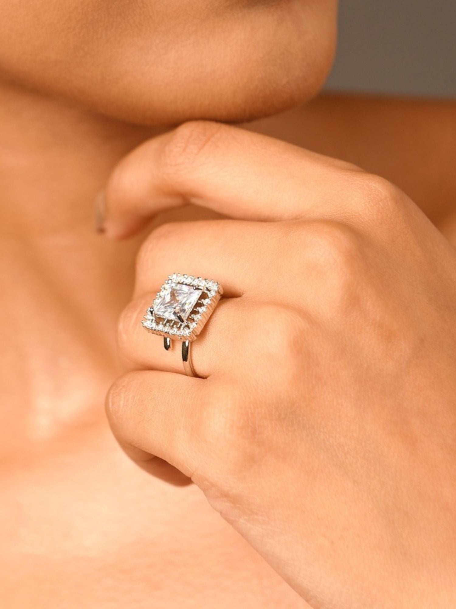 Abdesignsjewellery silver plated American diamond square ring on model hand with halo setting and double band