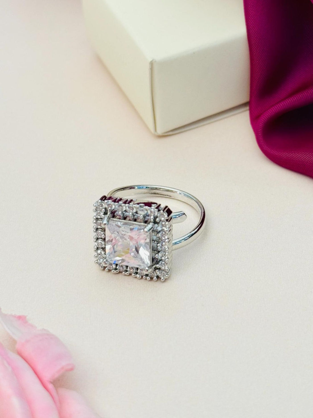 Abdesignsjewellery silver plated American diamond square ring on model hand with halo setting and double band