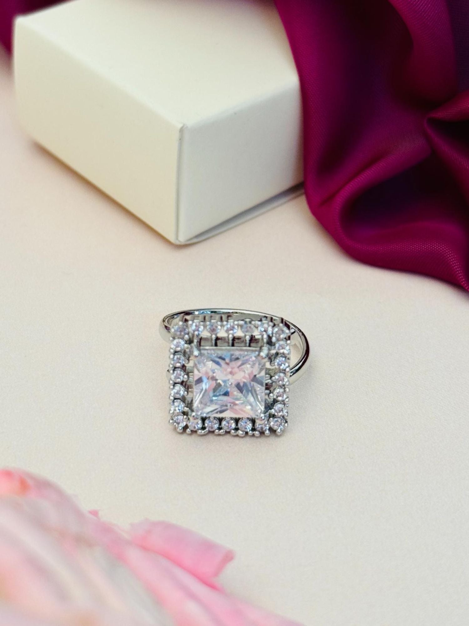 Abdesignsjewellery silver plated American diamond square ring with halo stones on silver band