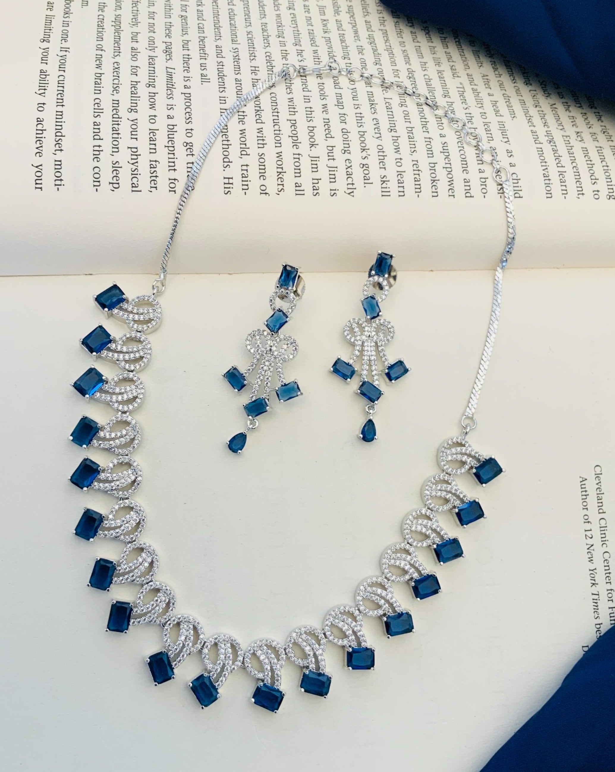 Silver Plated Blue American Diamond Necklace Set with matching earrings by Abdesignsjewellery