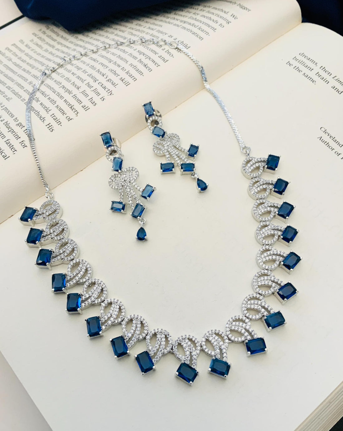 Silver Plated Blue American Diamond Necklace Set worn by model with matching earrings from Abdesignsjewellery