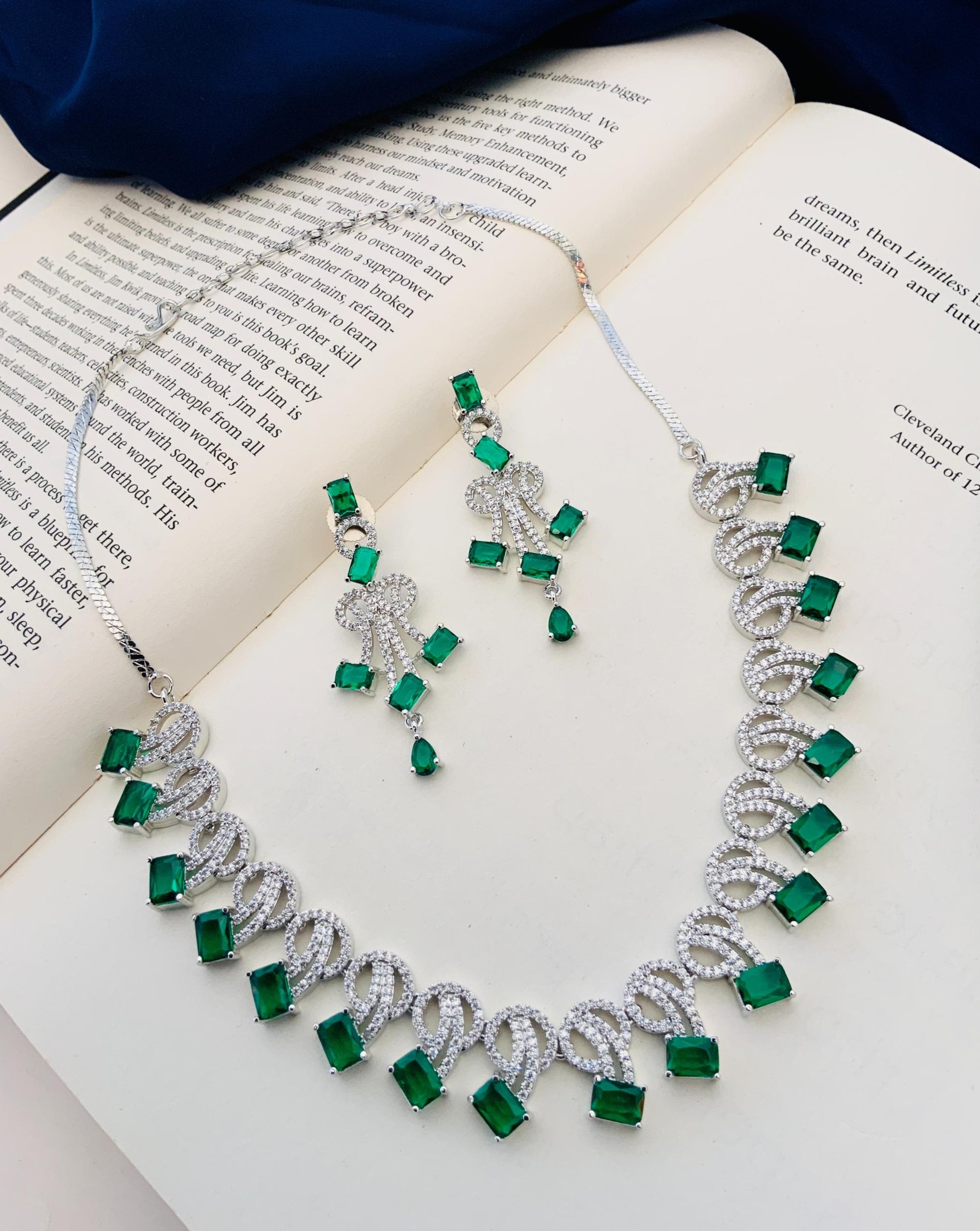Silver Plated Blue American Diamond Necklace Set with green rectangular stones and matching earrings