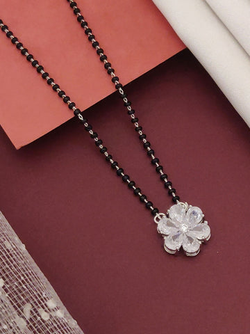 Abdesignsjewellery Silver Plated flower mangalsutra. Black beaded chain with crystal flower pendant for bridal wear