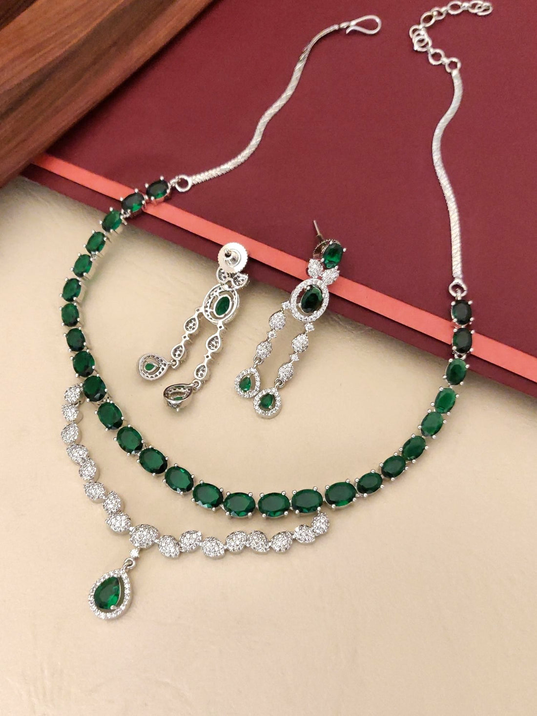 Abdesignsjewellery Silver Plated Green American Diamond Necklace Set with teardrop pendant and matching dangle earrings