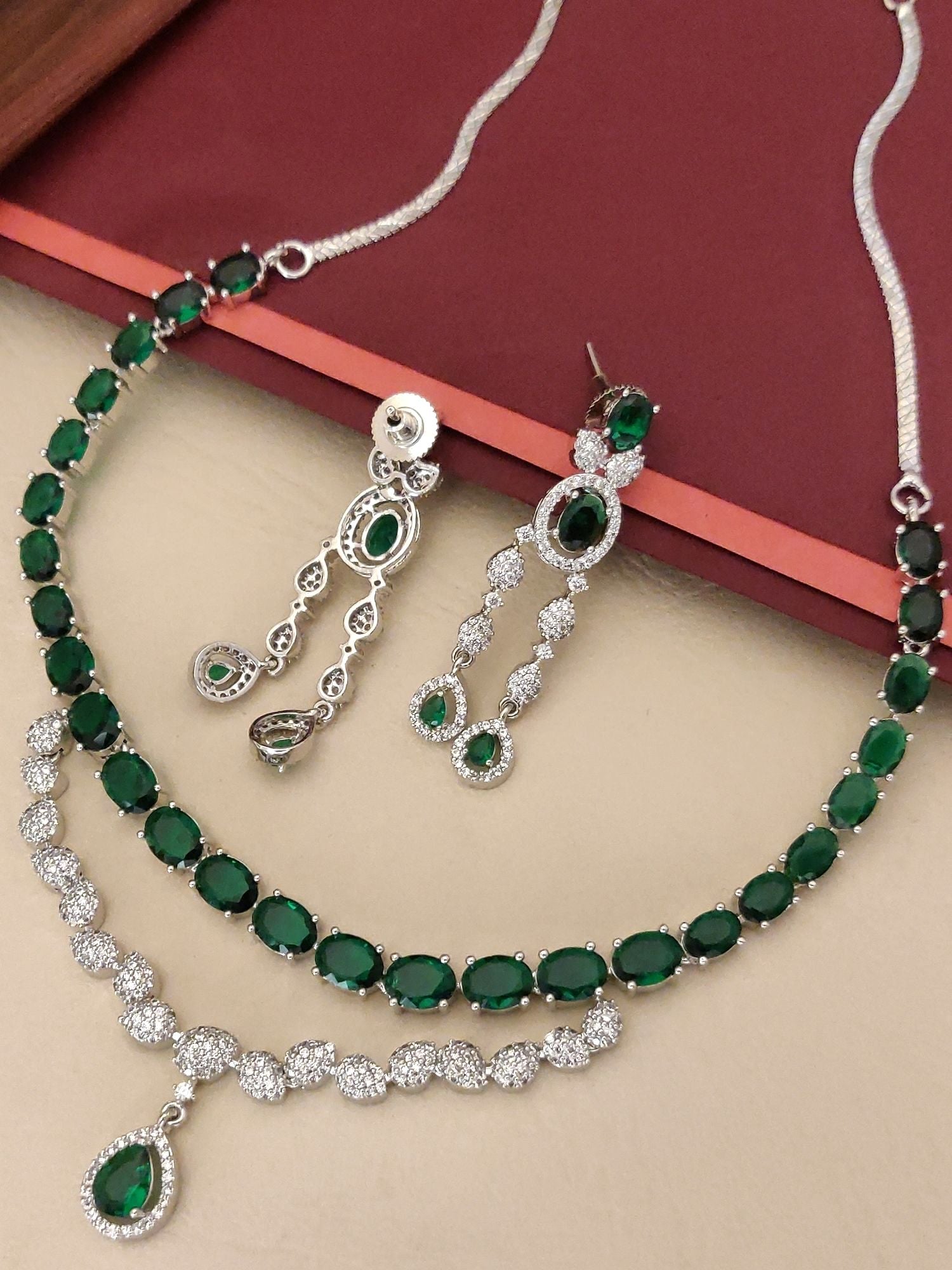 Silver Plated Green American Diamond Necklace Set with Elegant Earrings for Special Occasions