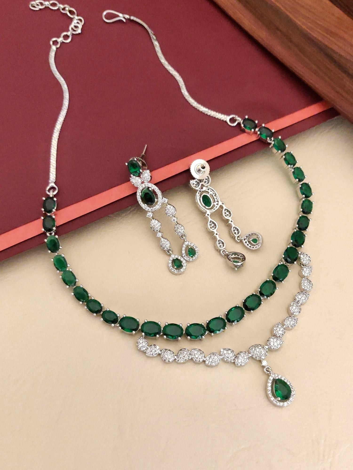 Abdesignsjewellery Silver Plated Green American Diamond Necklace Set with teardrop pendant and matching dangle earrings