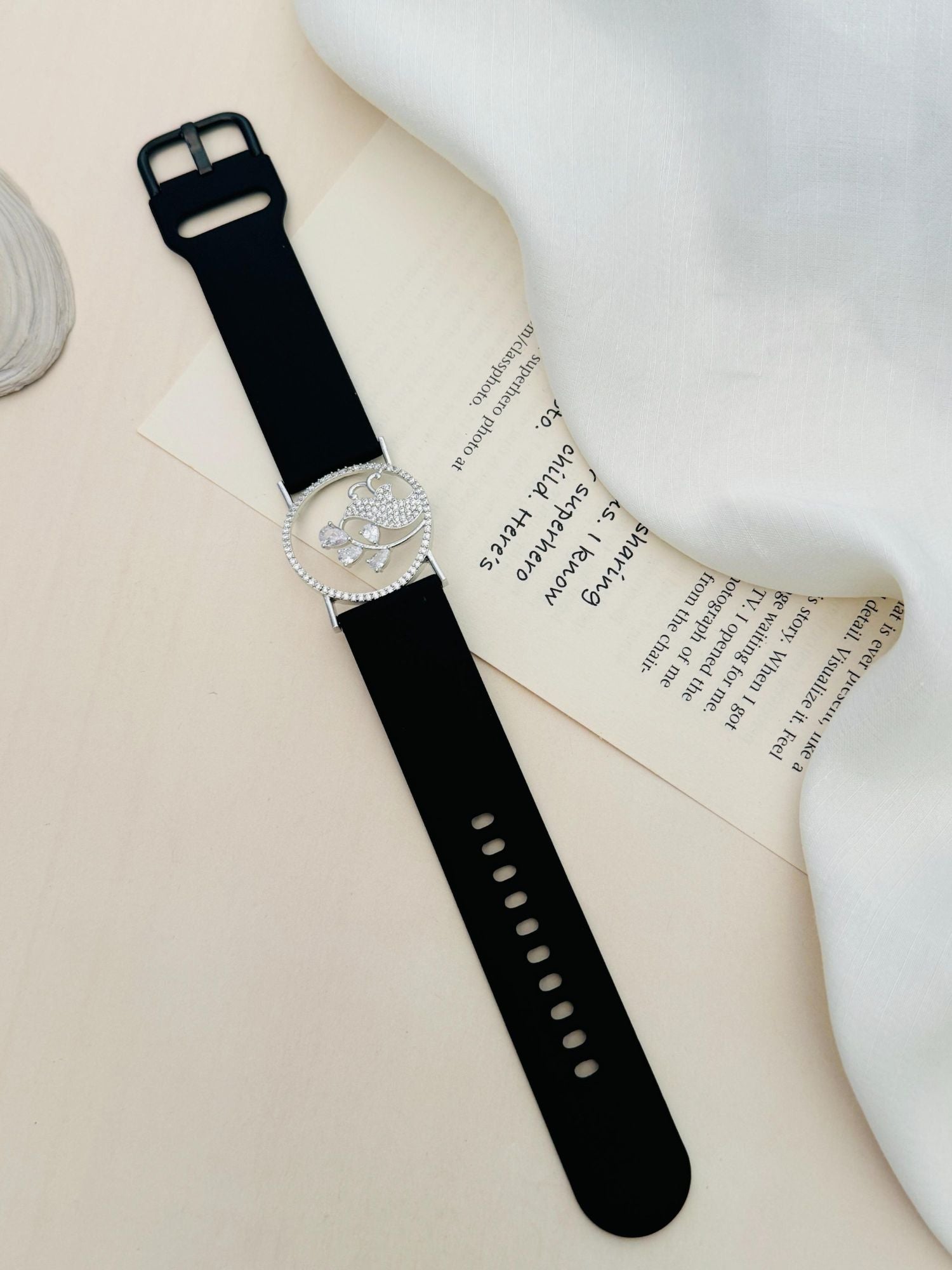 Abdesignsjewellery silver plated hand belt bracelet with black adjustable silicone strap and crystal embellished round centerpiece