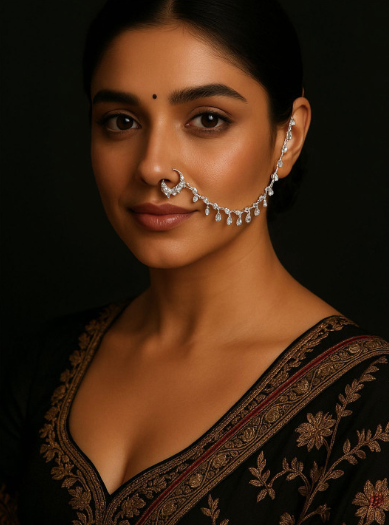 Elegant silver-plated metal nose chain adorned with delicate beads for a stunning ethnic look