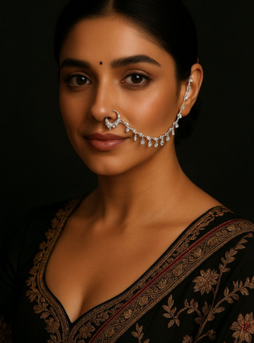 Elegant silver-plated metal nose chain adorned with delicate beads for a stunning ethnic look