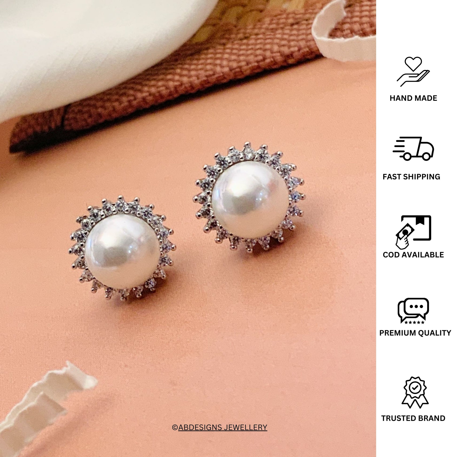 Abdesignsjewellery silver plated pearl stud earrings with crystal halo for bridal and everyday wear