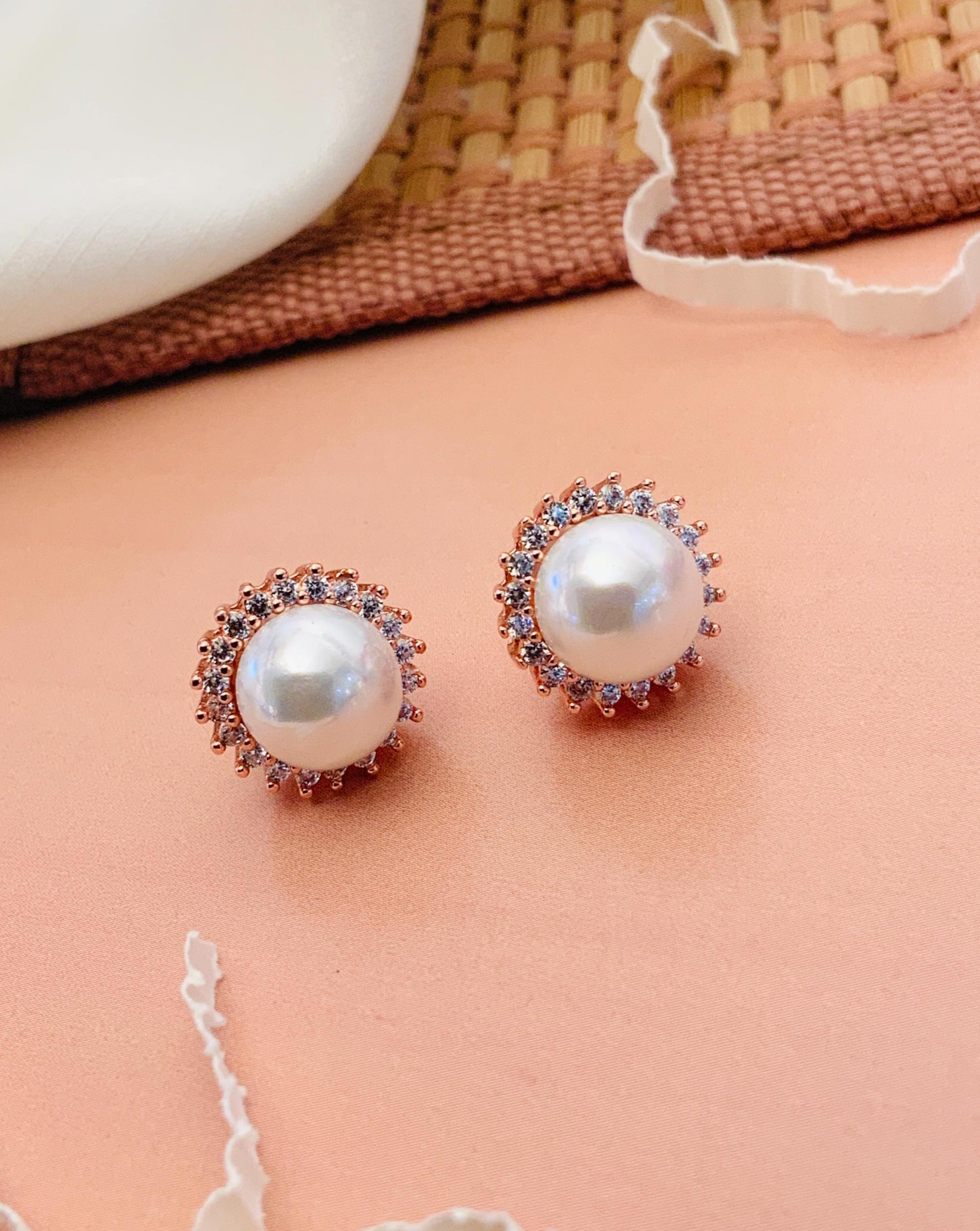 Abdesignsjewellery silver plated pearl stud earrings pair with crystal halo on rose gold setting