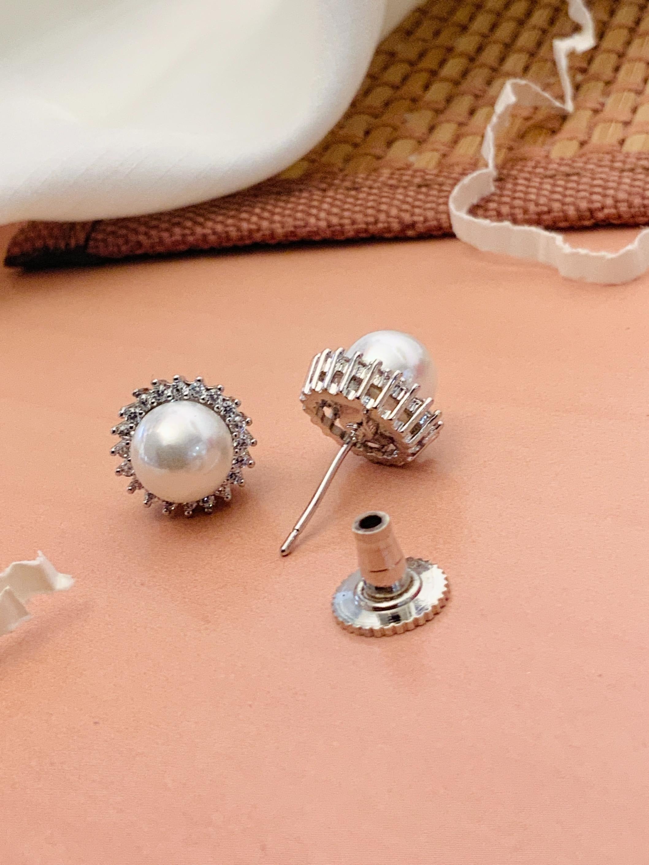 Abdesignsjewellery silver plated pearl stud earrings with crystal halo and metal backing elegant gift for brides