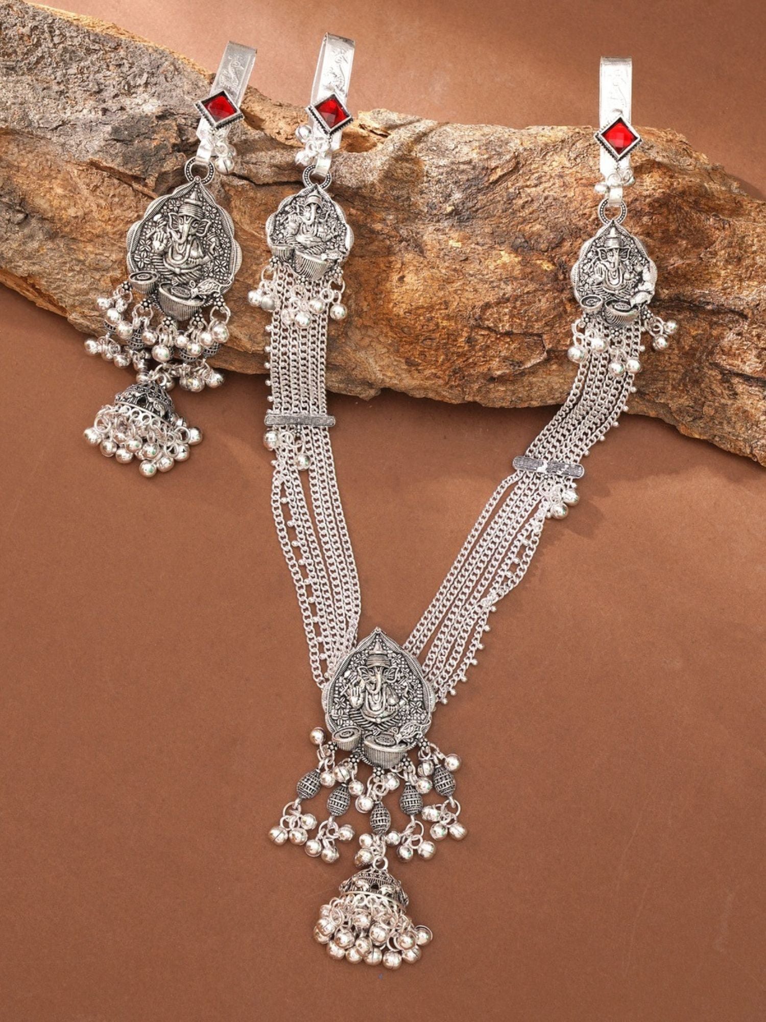 Abdesignsjewellery silver plated saree juda pin with ornate filigree medallions red stone accents and dangling chains