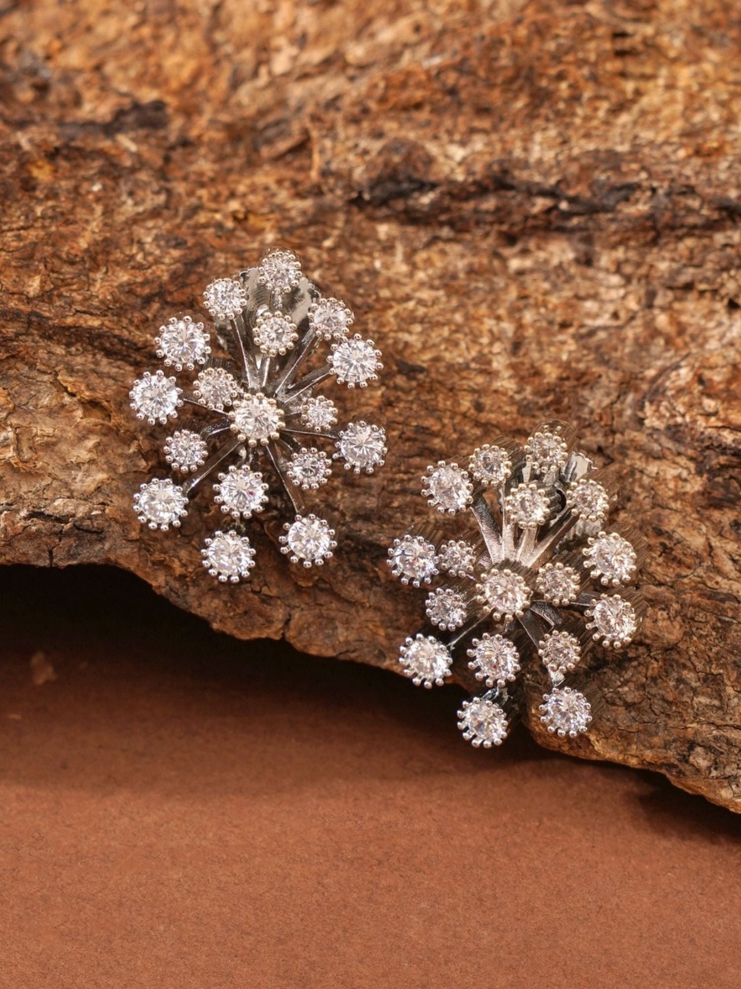 Abdesignsjewellery silver rhinestone necklace for women with double floral cluster pendant on rustic wood background