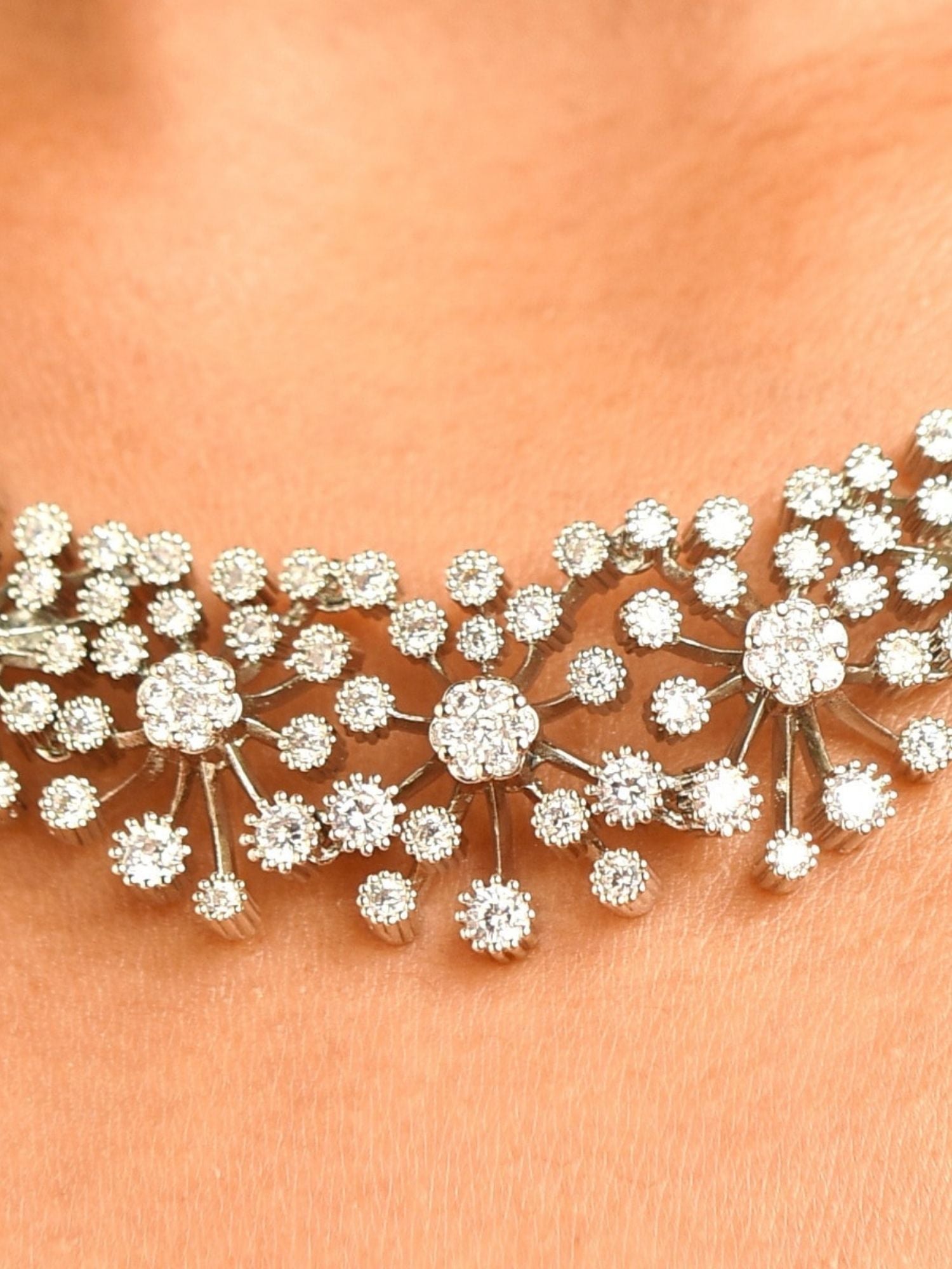 Abdesignsjewellery silver rhinestone necklace for women close up floral cluster choker on the neckline