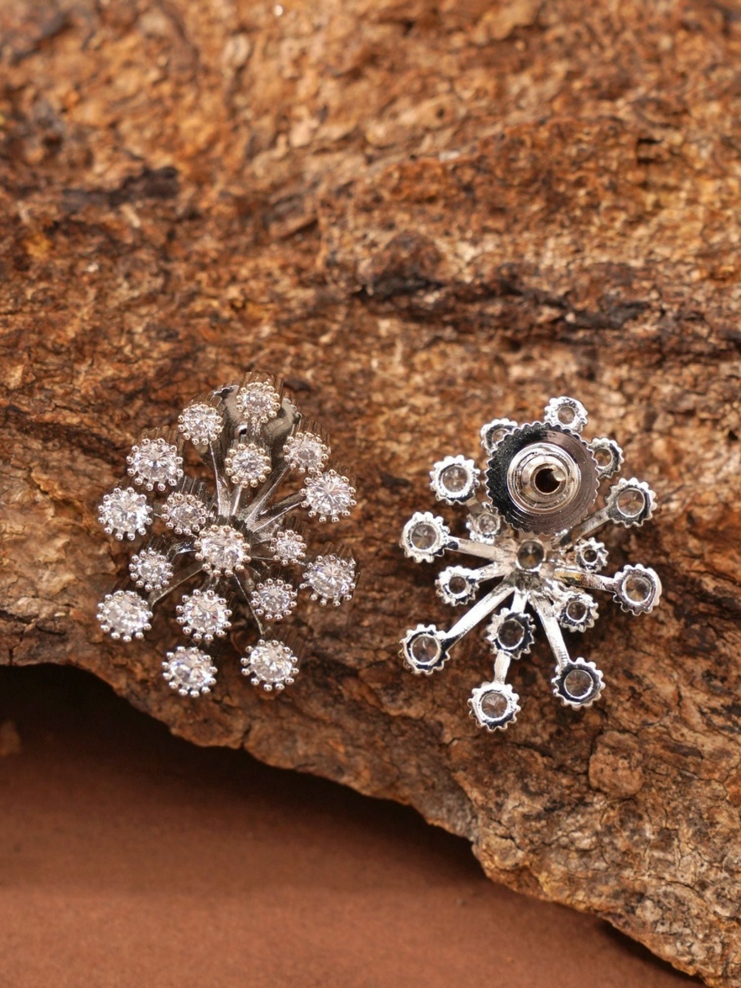 Abdesignsjewellery silver rhinestone necklace for women with floral cluster pendant on rustic wood background