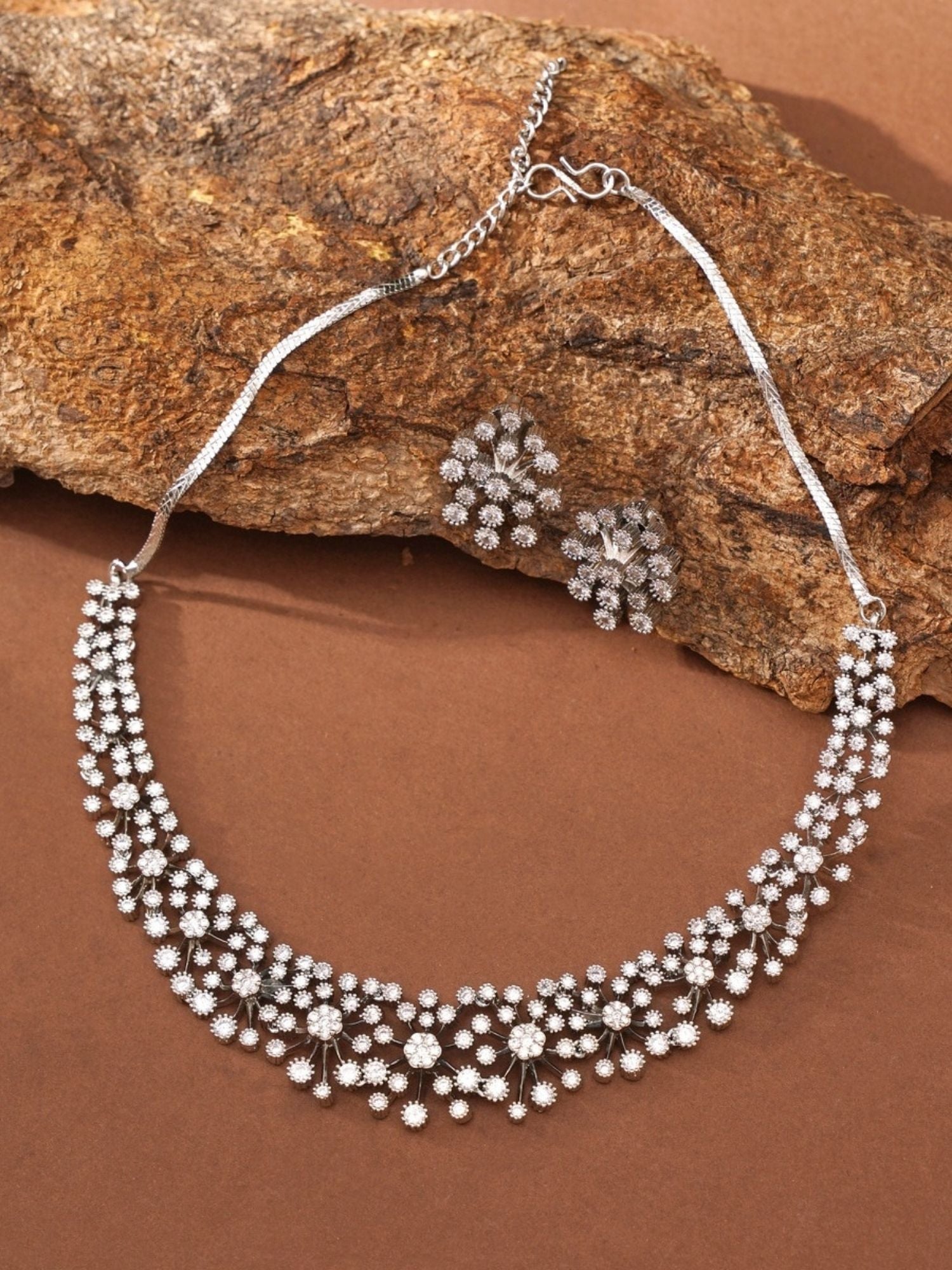 Abdesignsjewellery silver rhinestone necklace for women with floral cluster design and matching stud earrings