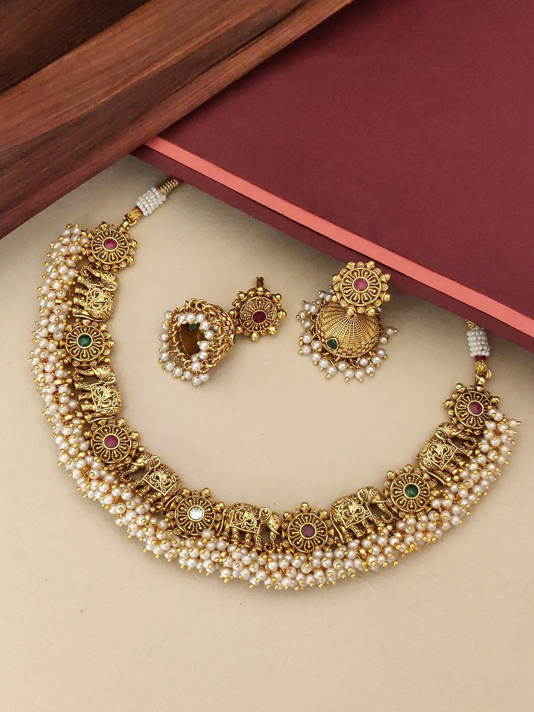 Southindian Antique Elephant Necklace Set by Abdesignsjewellery gold temple necklace with pearl fringe and matching earrings