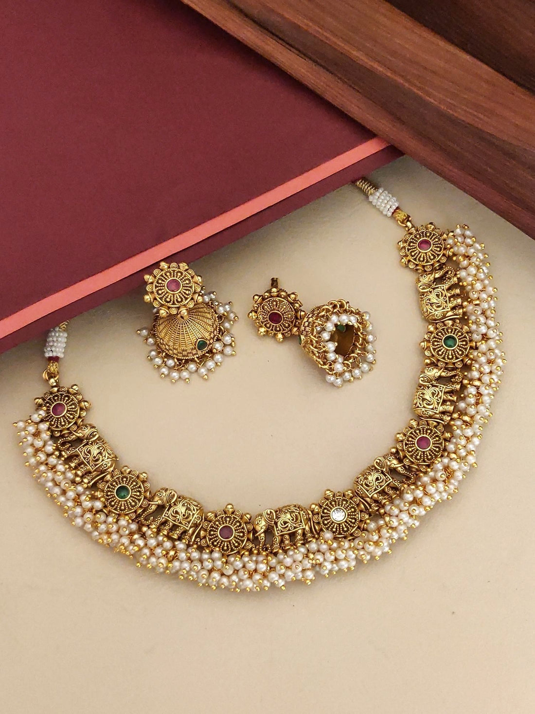 Southindian Antique Elephant Necklace Set by Abdesignsjewellery gold temple necklace with pearl fringe and matching earrings