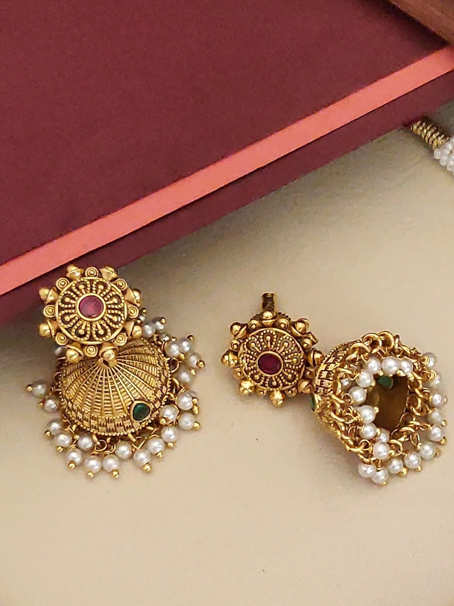 Abdesignsjewellery Southindian Antique Elephant Necklace Set gold temple necklace with pearl fringe and red green stones