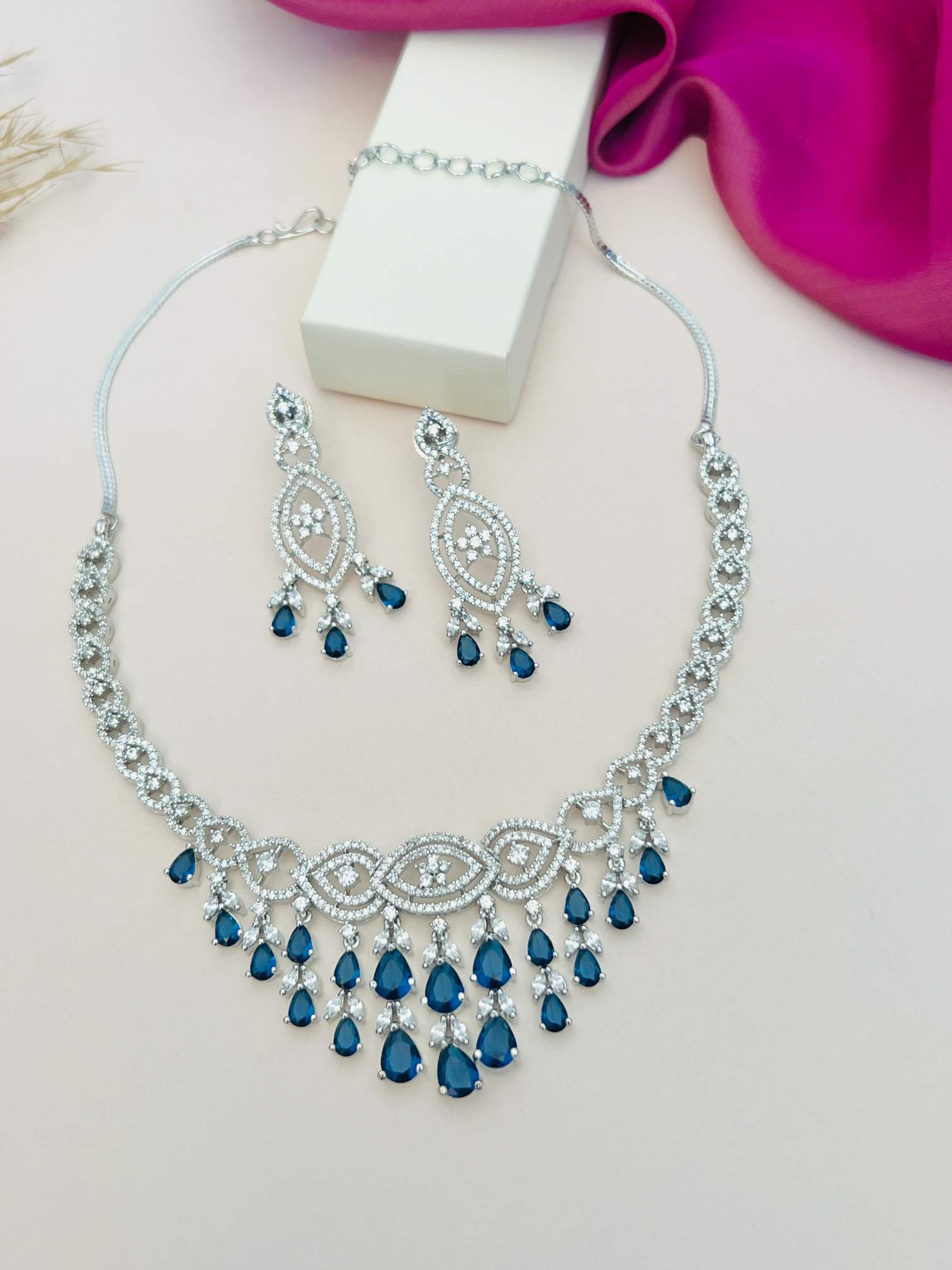 Abdesignsjewellery statement artificial diamond jewelry silver necklace with blue teardrop stones and matching earrings