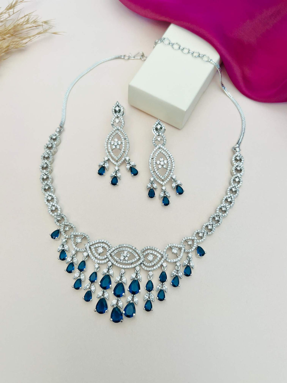 Abdesignsjewellery statement artificial diamond jewelry necklace set with blue teardrop stones and matching earrings