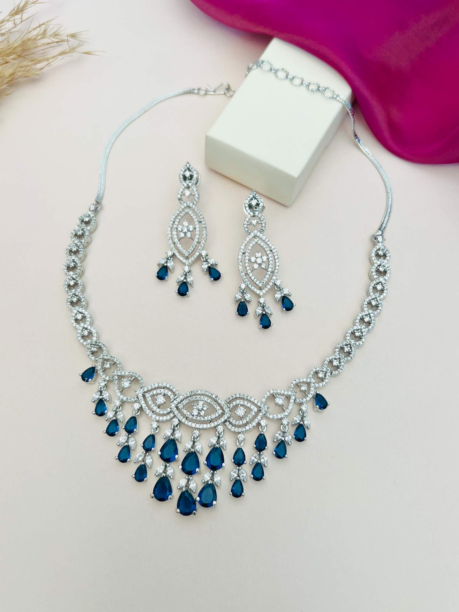 Abdesignsjewellery statement artificial diamond jewelry necklace set with blue teardrop stones and matching earrings