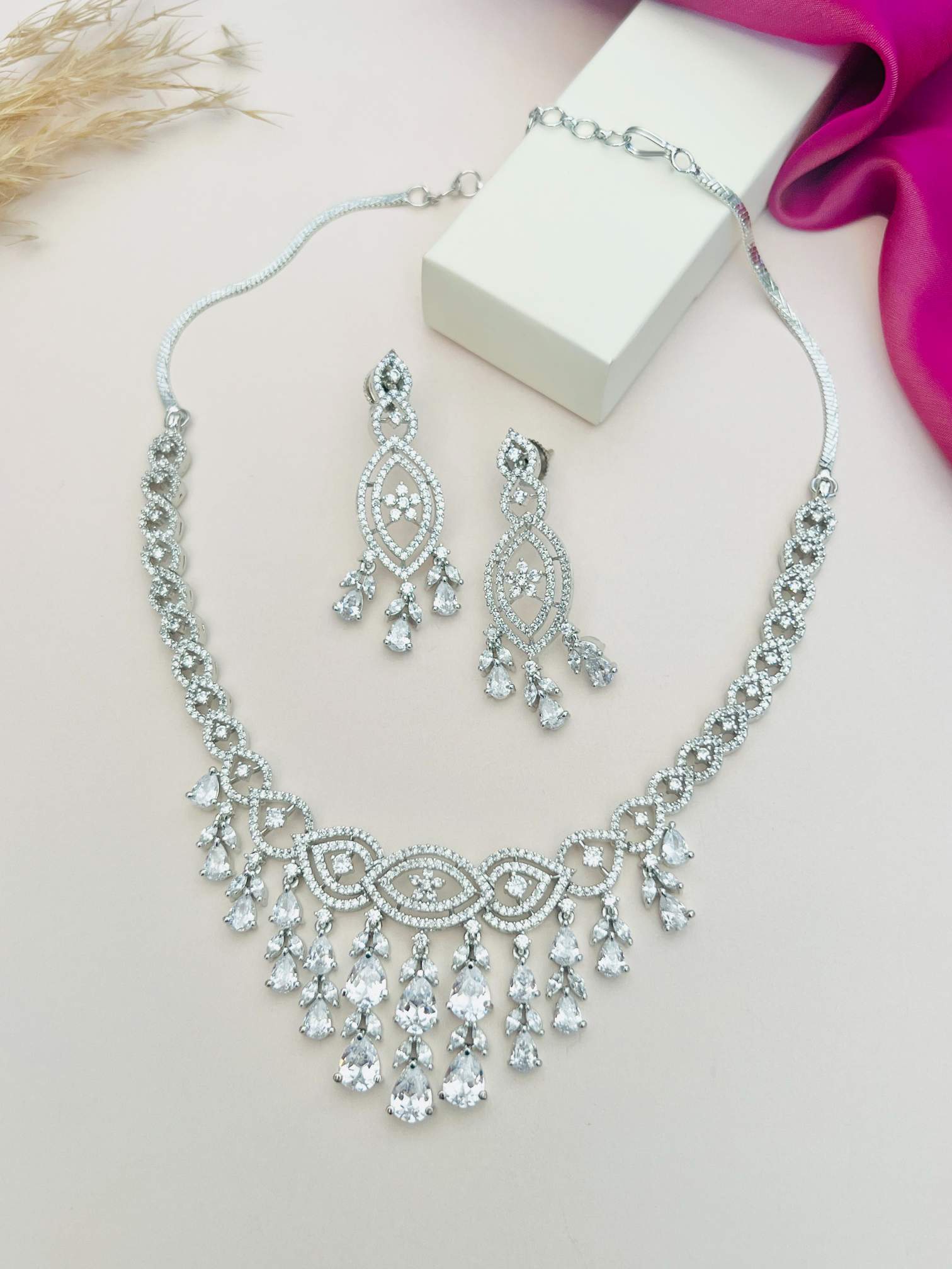 Abdesignsjewellery silver necklace with matching earrings and teardrop details for events statement artificial diamond jewelry