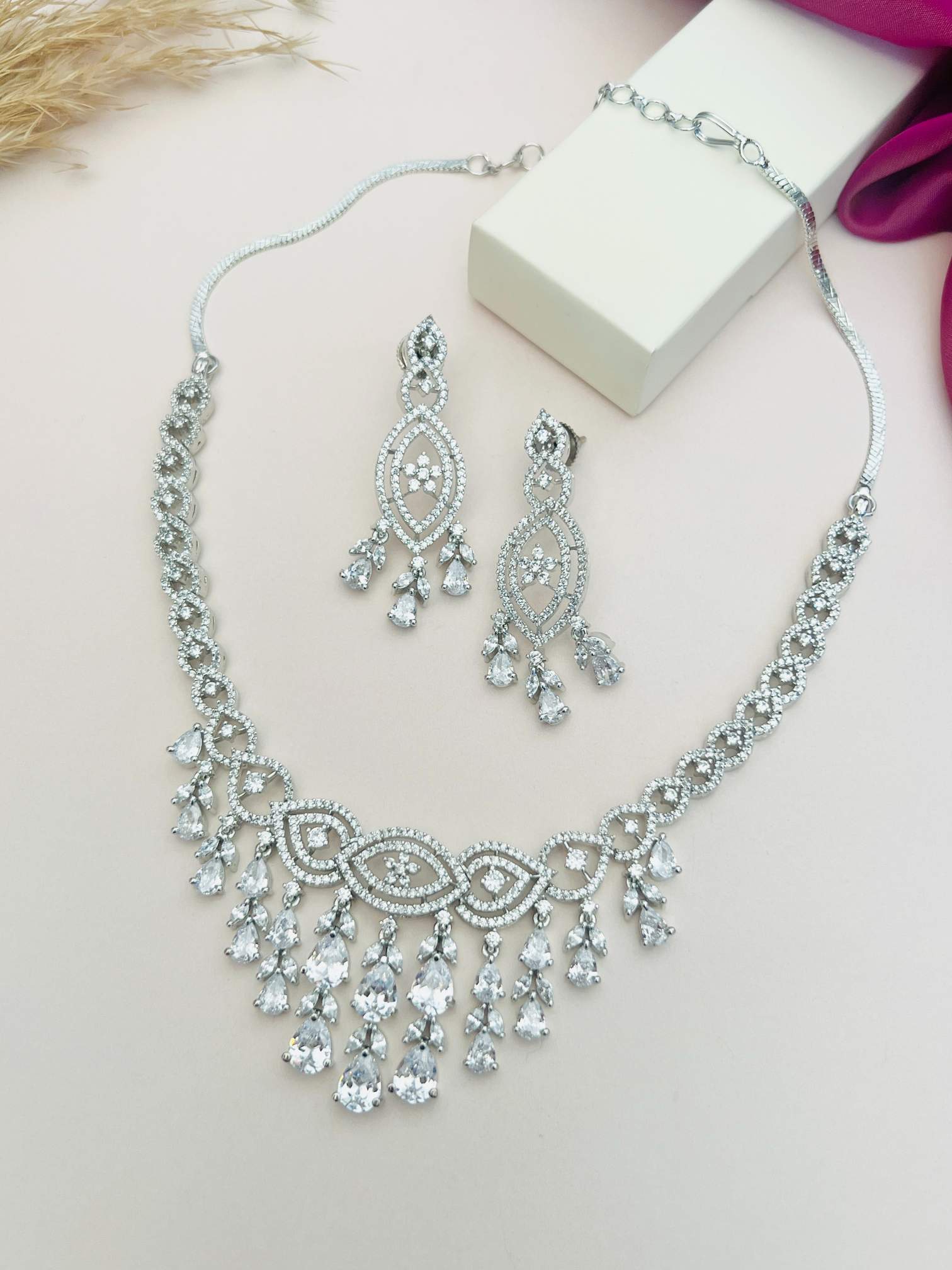 Abdesignsjewellery statement artificial diamond jewelry necklace and matching chandelier earrings for bridal and formal occasions