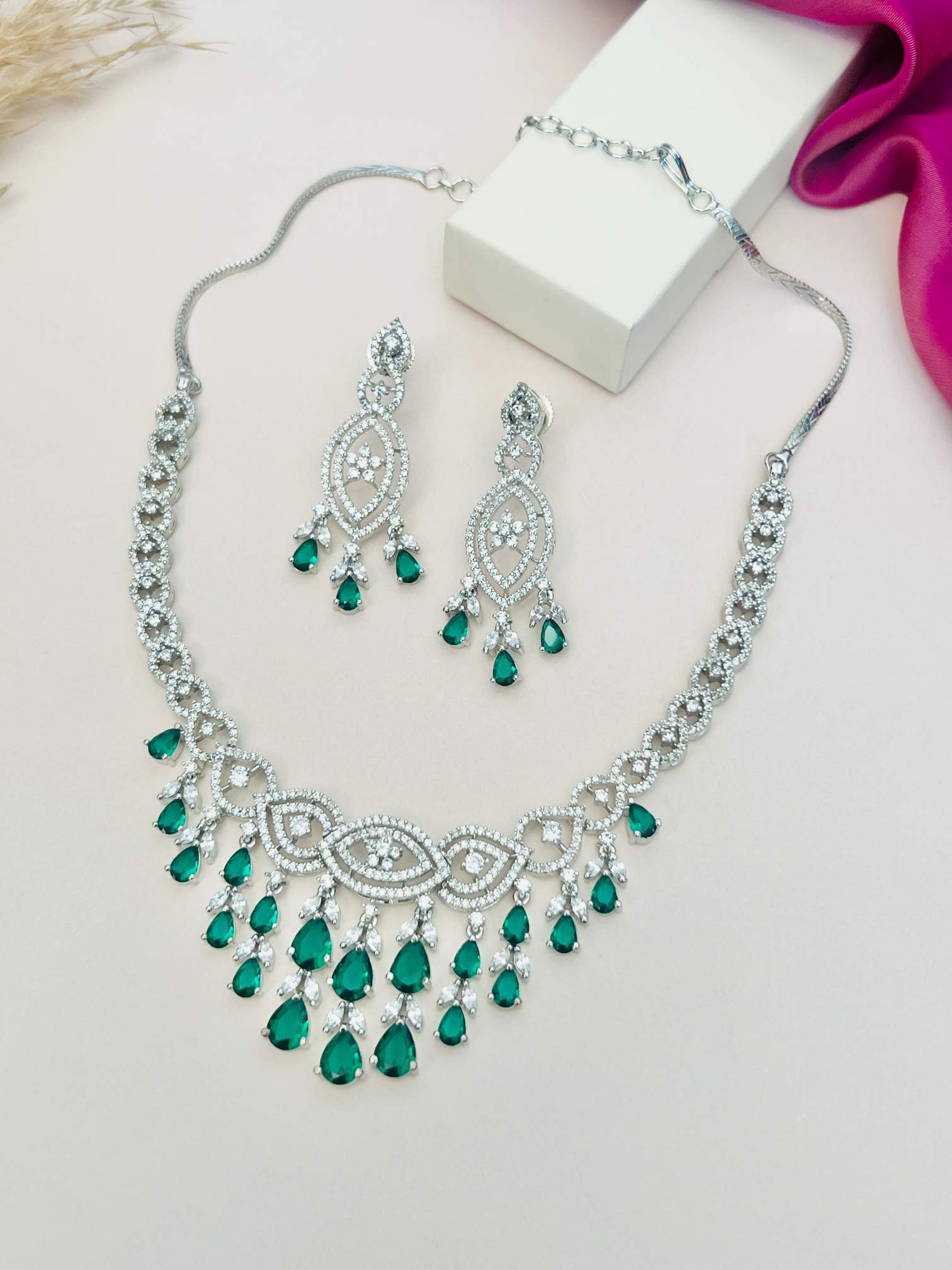 Abdesignsjewellery silver statement artificial diamond jewelry necklace and matching chandelier earrings with green teardrops