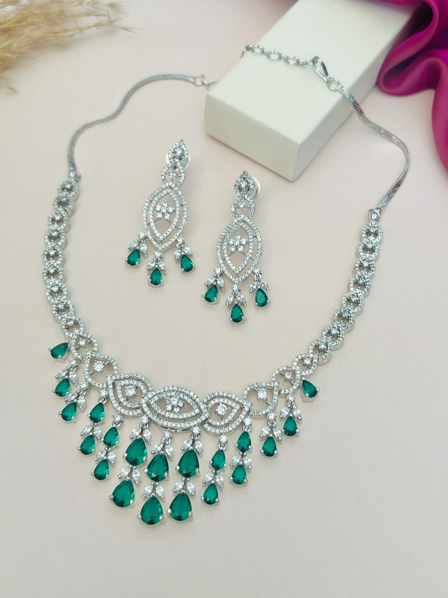 Abdesignsjewellery statement artificial diamond jewelry necklace with green teardrop stones and matching earrings