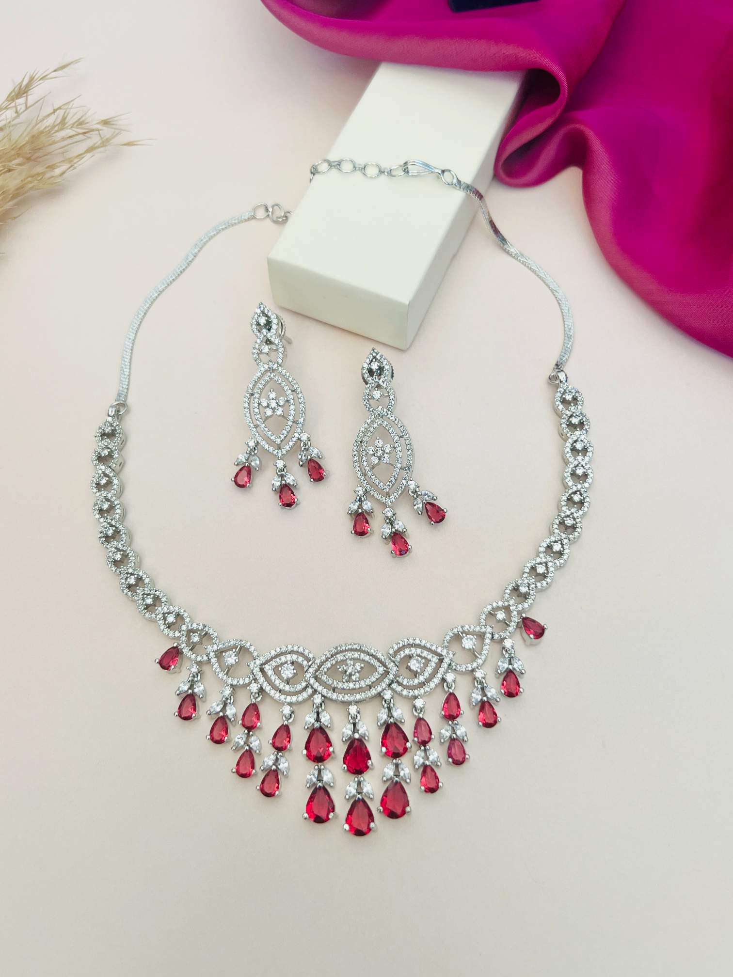 Abdesignsjewellery statement artificial diamond jewelry necklace set with red teardrop stones and matching earrings