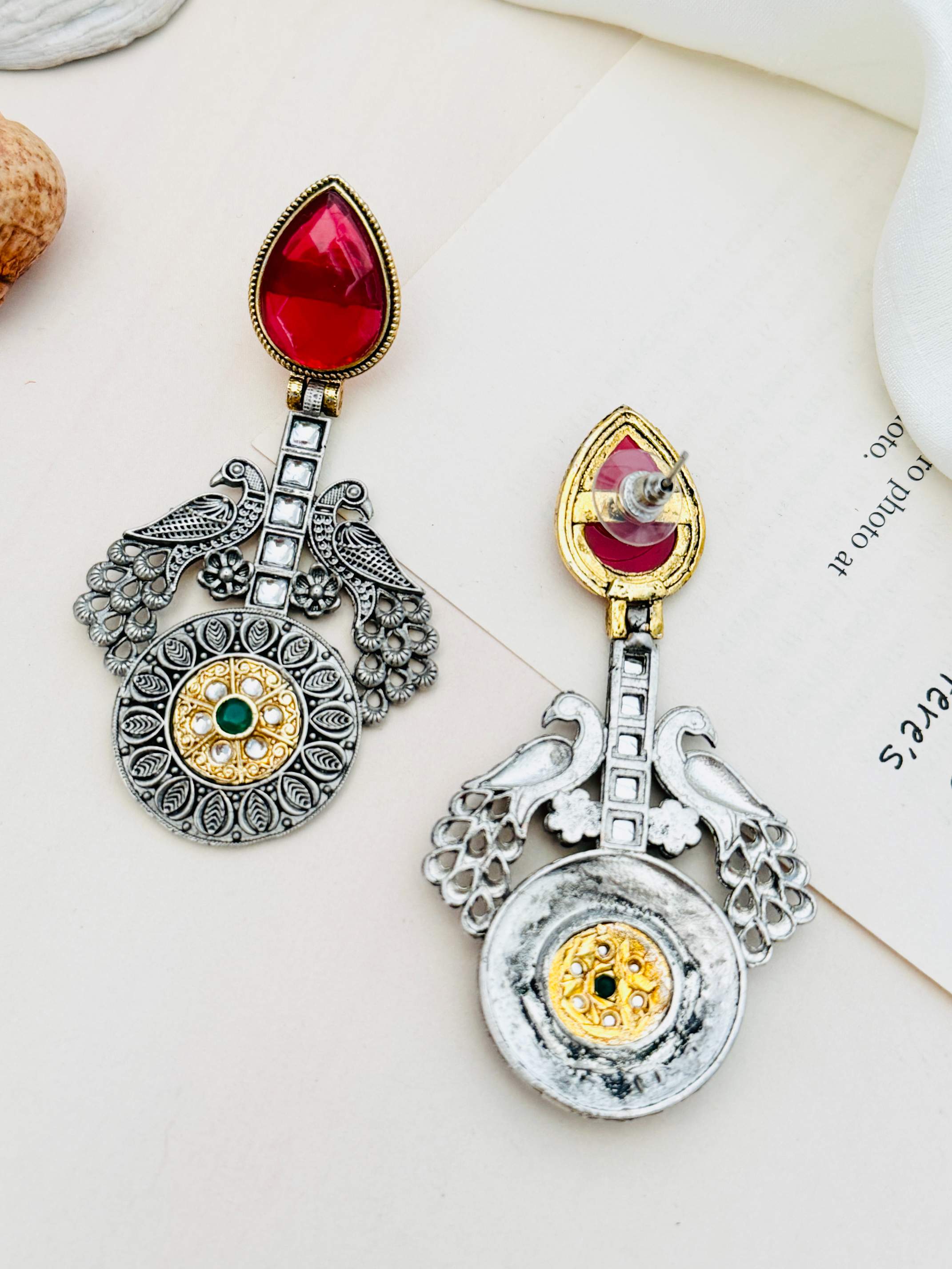 Statement German Antique Silver Plated Peacock Earring with red teardrop stone and intricate design by Abdesignsjewellery
