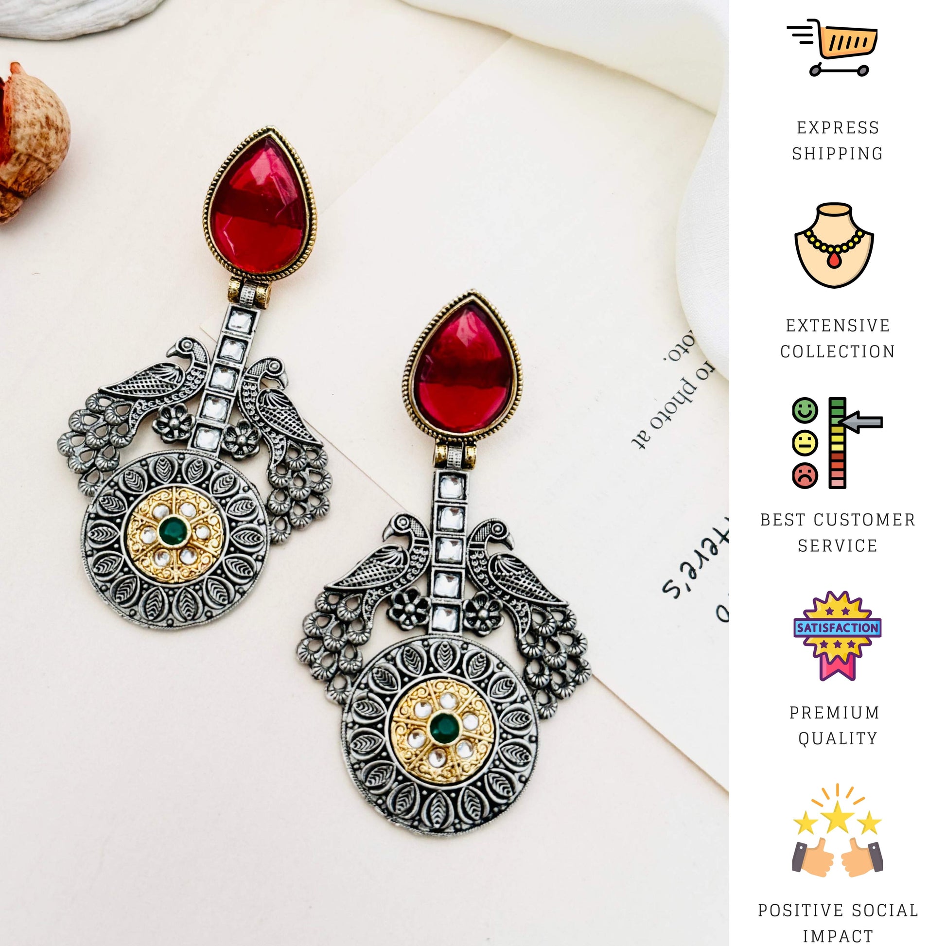 Statement German Antique Silver Plated Peacock Earring with red teardrop and intricate design by Abdesignsjewellery