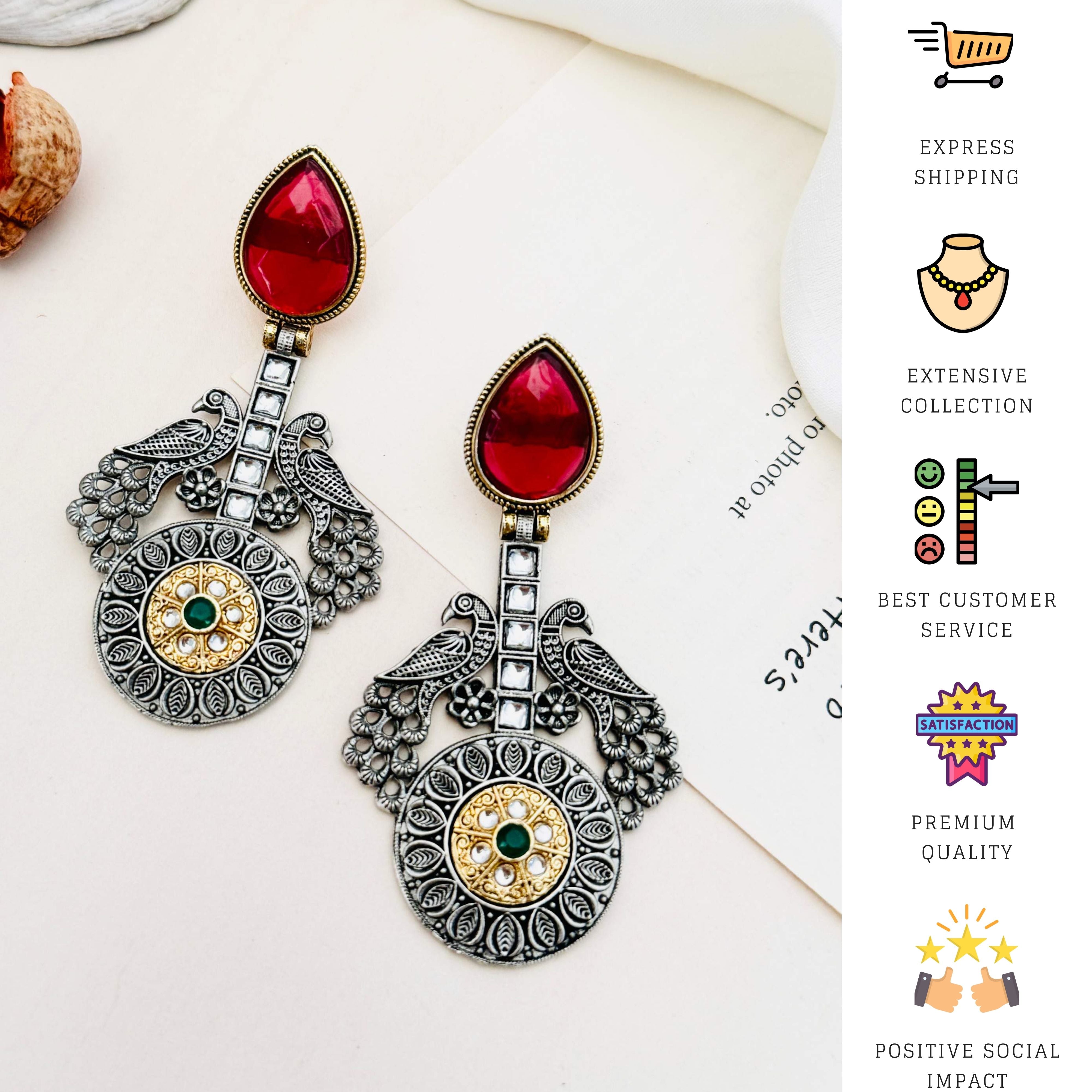 Statement German Antique Silver Plated Peacock Earring with red teardrop and intricate design by Abdesignsjewellery