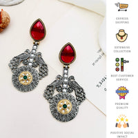 Thumbnail for Statement German Antique Silver Plated Peacock Earring with red teardrop and intricate design by Abdesignsjewellery