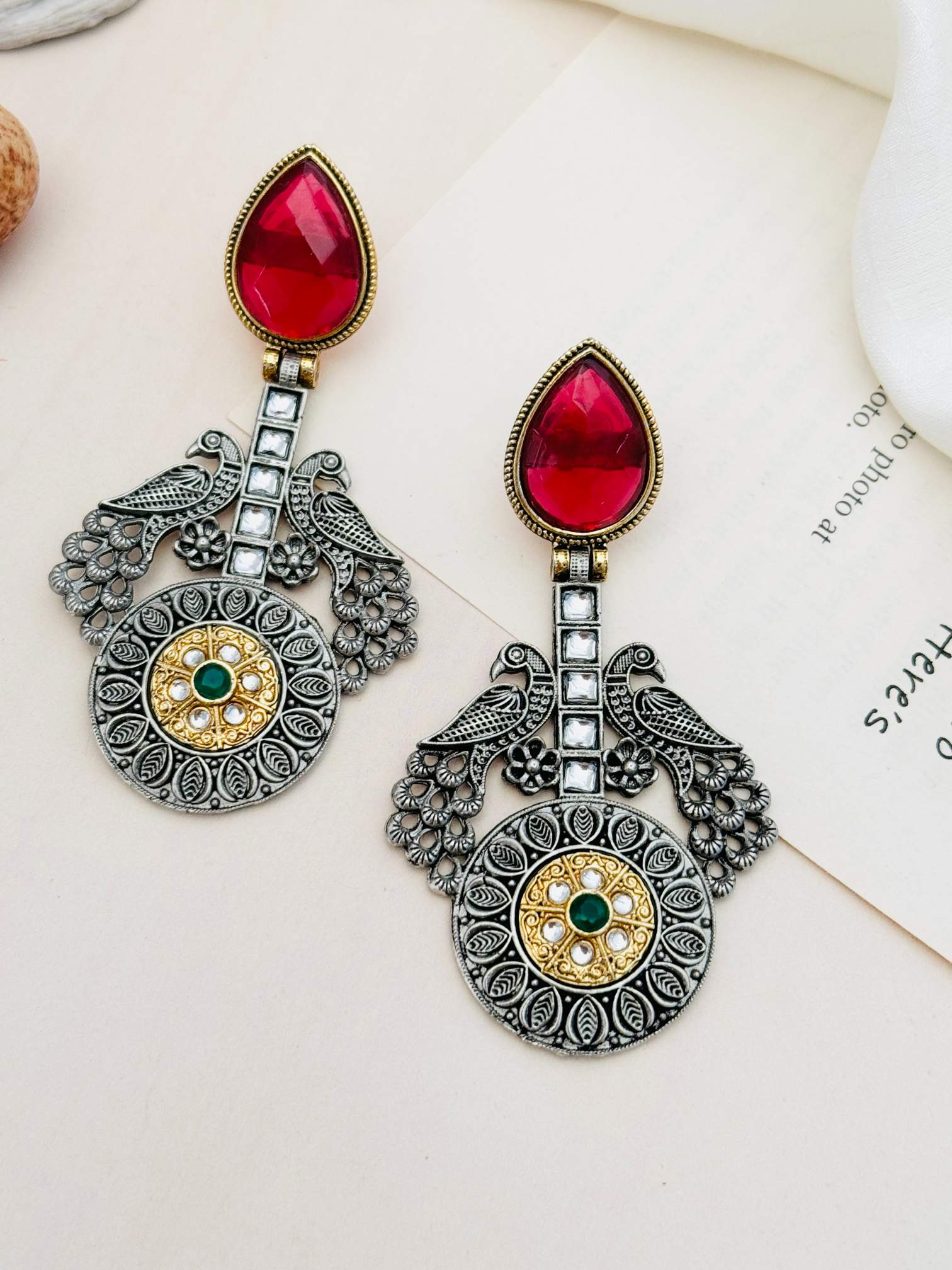 Statement German Antique Silver Plated Peacock Earring with red teardrop stone and intricate peacock design