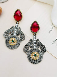Thumbnail for Statement German Antique Silver Plated Peacock Earring with red teardrop stone and intricate peacock design
