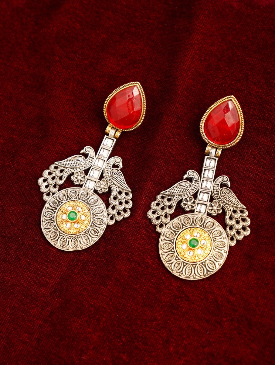 Statement German Antique Silver Plated Peacock Earring with red stones and intricate detailing by Abdesignsjewellery