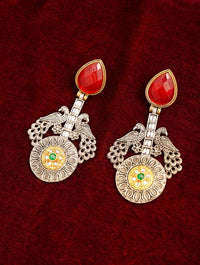 Thumbnail for Statement German Antique Silver Plated Peacock Earring with red stones and intricate detailing by Abdesignsjewellery