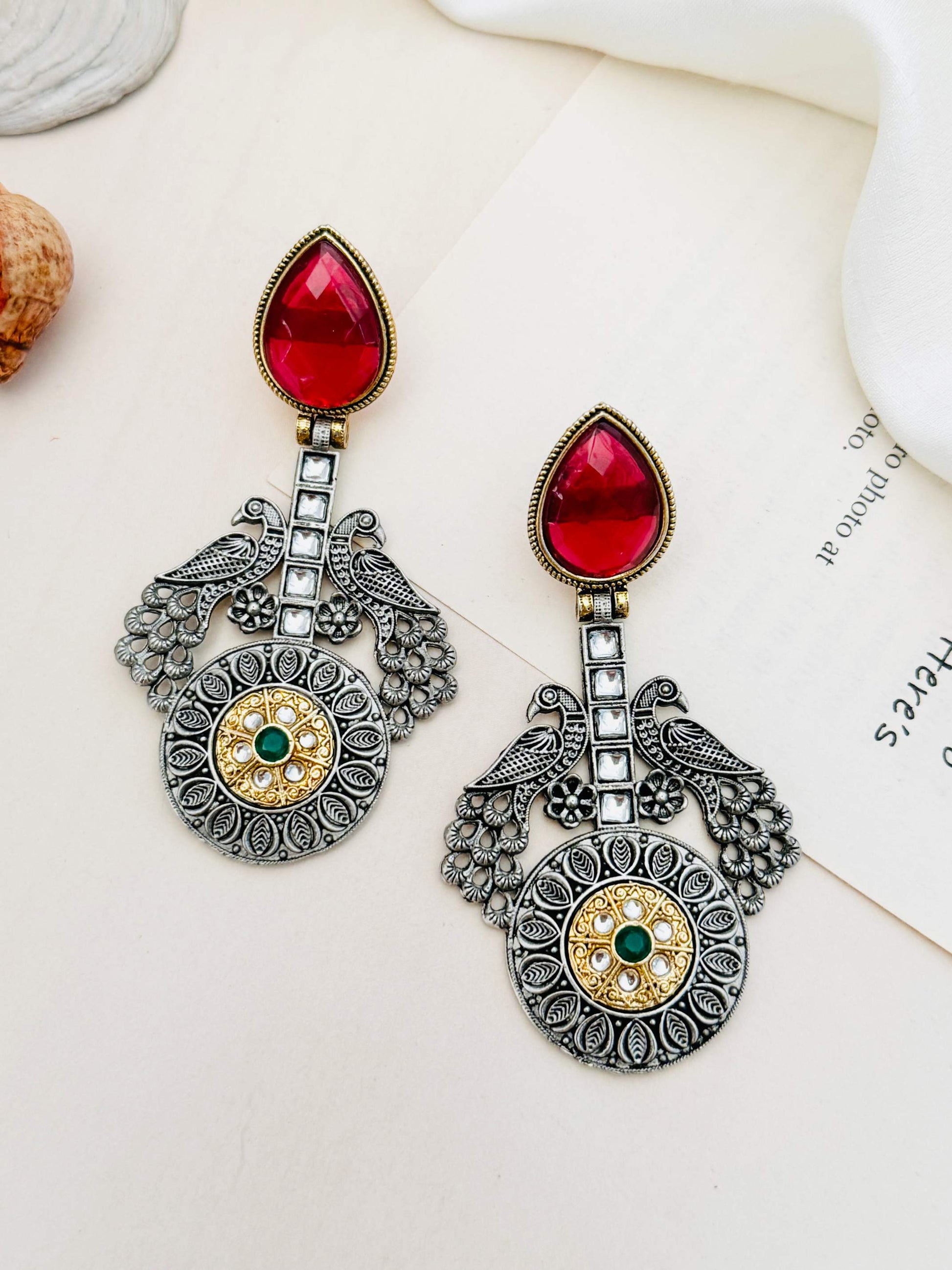 Statement German Antique Silver Plated Peacock Earring with red gem and intricate detailing by Abdesignsjewellery