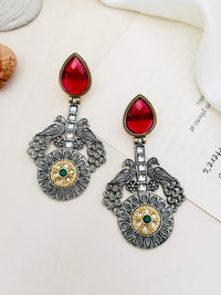 Thumbnail for Statement German Antique Silver Plated Peacock Earring with red gem and intricate detailing by Abdesignsjewellery