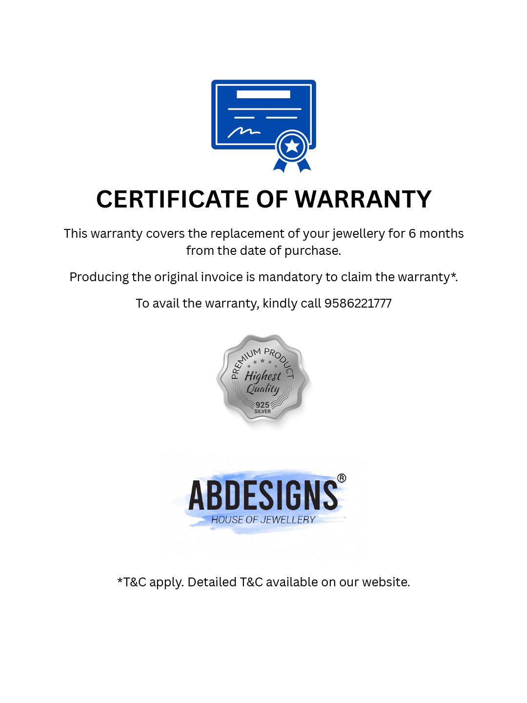 Warranty certificate for Abdesignsjewellery sterling 925 silver jewelry with contact details and terms