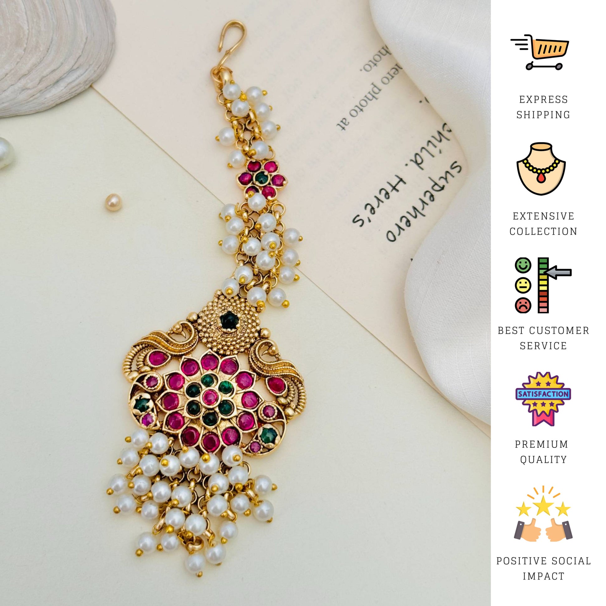 Traditional Matt Gold Plated SouthIndian Maangtikka with pearl and pink stone embellishments
