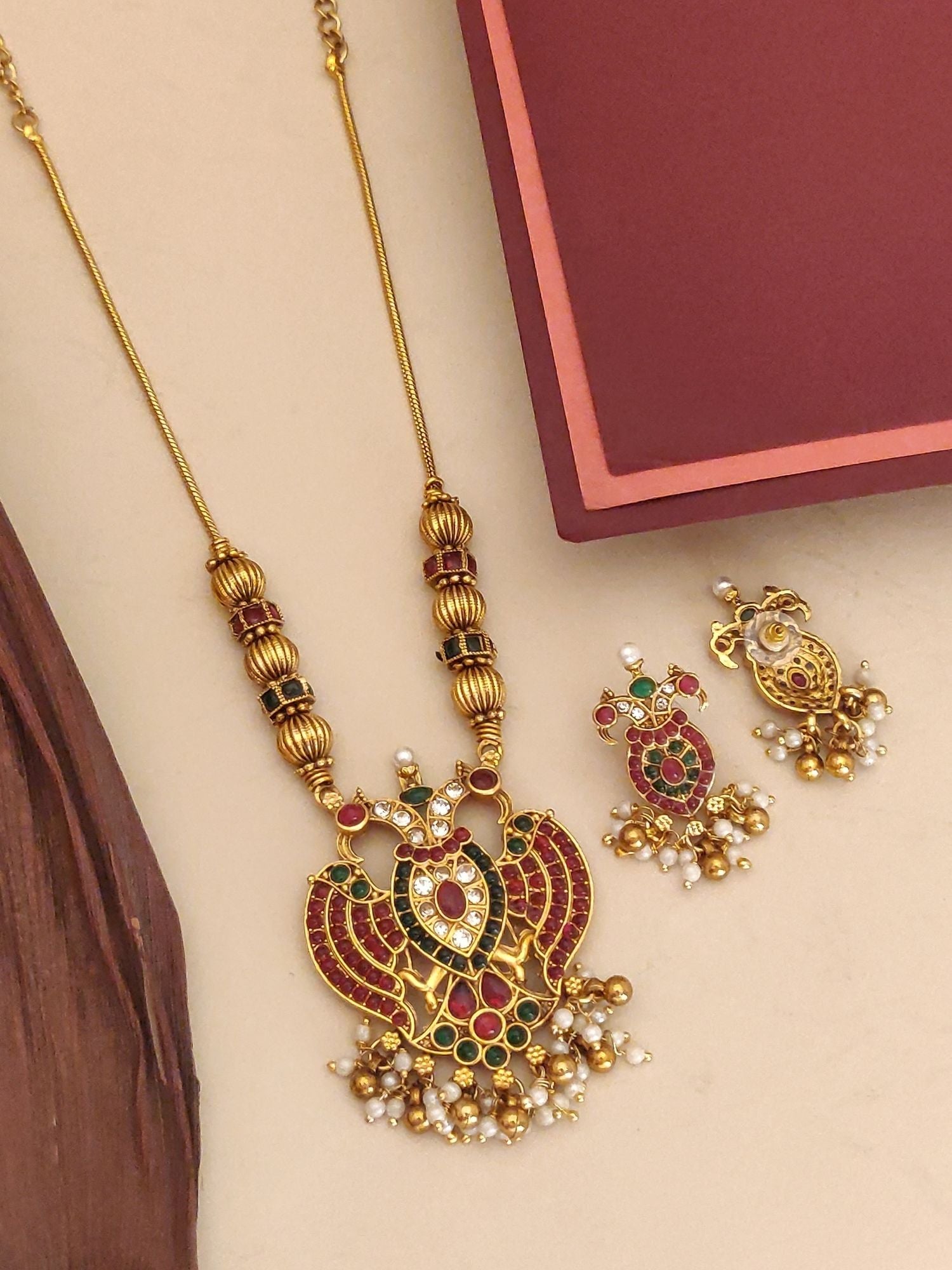 Abdesignsjewellery traditional pendant chain set gold plated necklace with red and green stones and pearl drops
