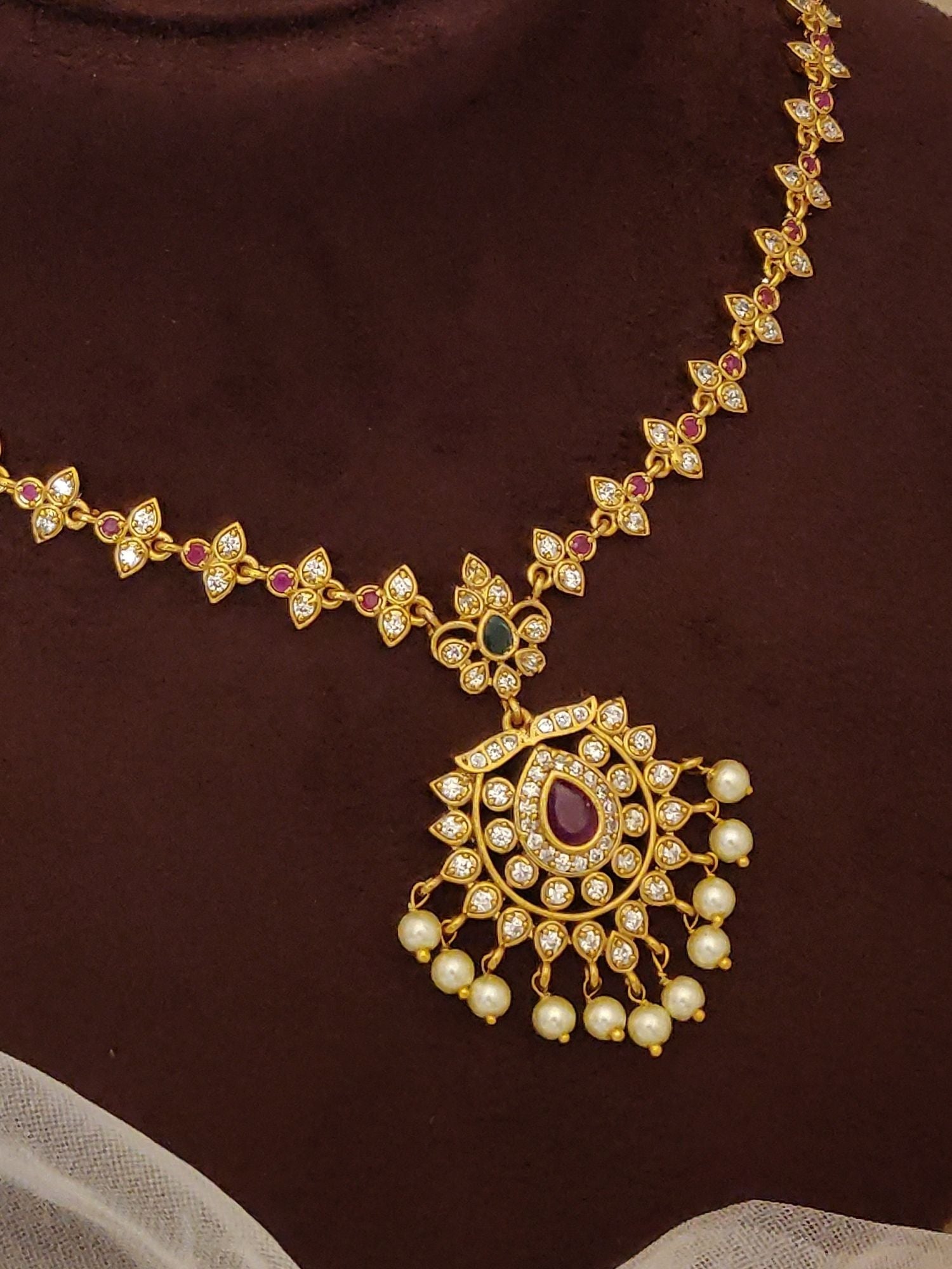 Abdesignsjewellery Traditional South Indian gold plated necklace set with temple pendant kundan stones and pearl drops