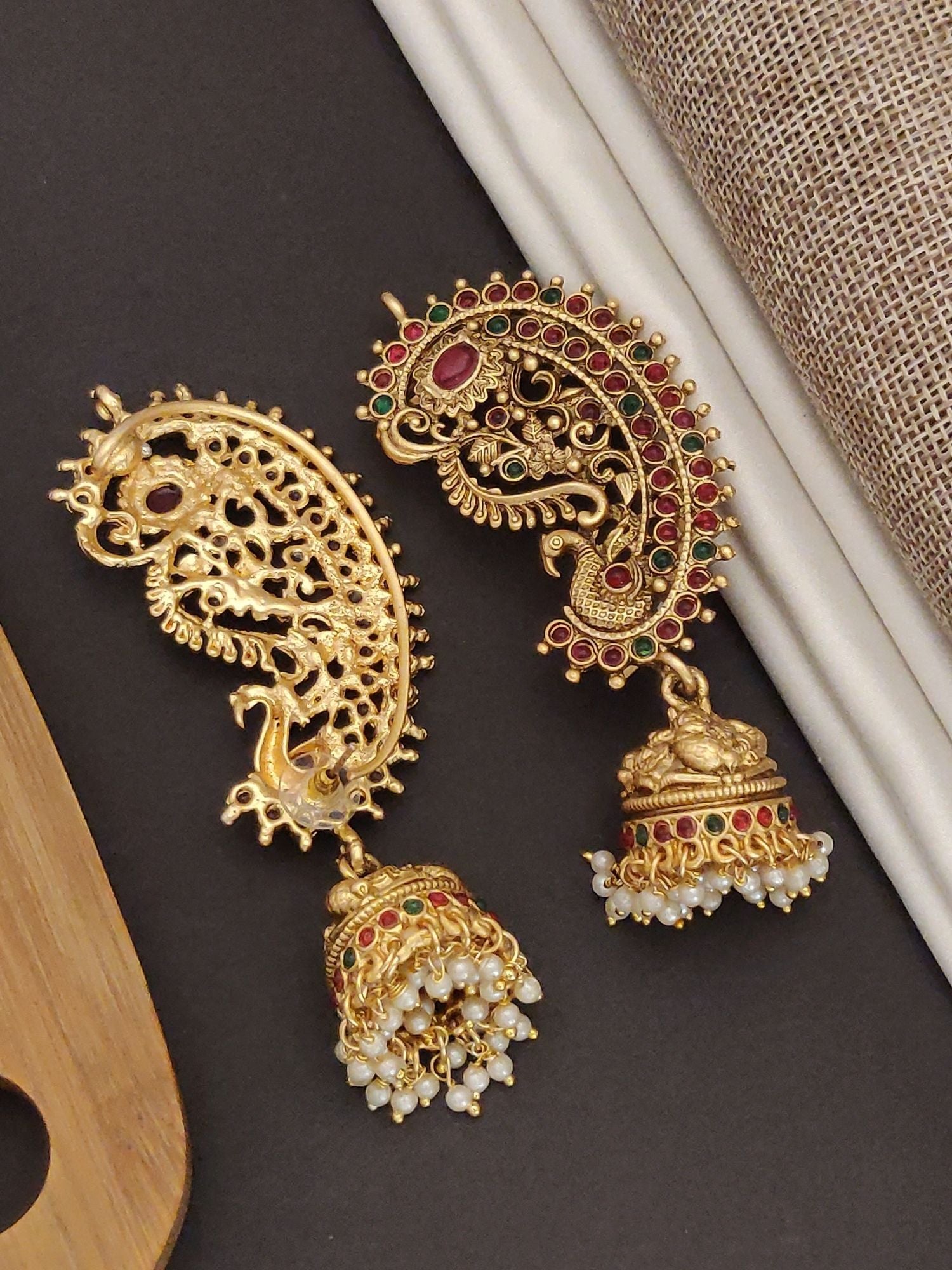 Traditional South Indian Style Gold Plated Ear Cuffs with intricate design and pearl danglers by Abdesignsjewellery