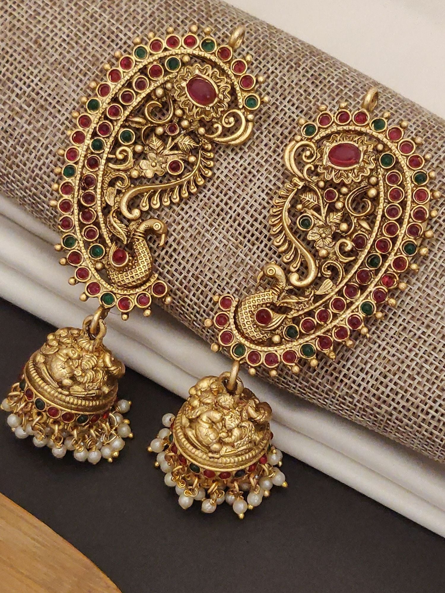 Traditional South Indian Style Gold Plated Ear Cuffs with intricate red and green stones and pearl jhumka dangles