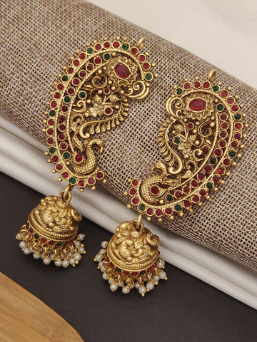 Traditional South Indian Style Gold Plated Ear Cuffs with intricate red and green stone detailing and pearl tassels