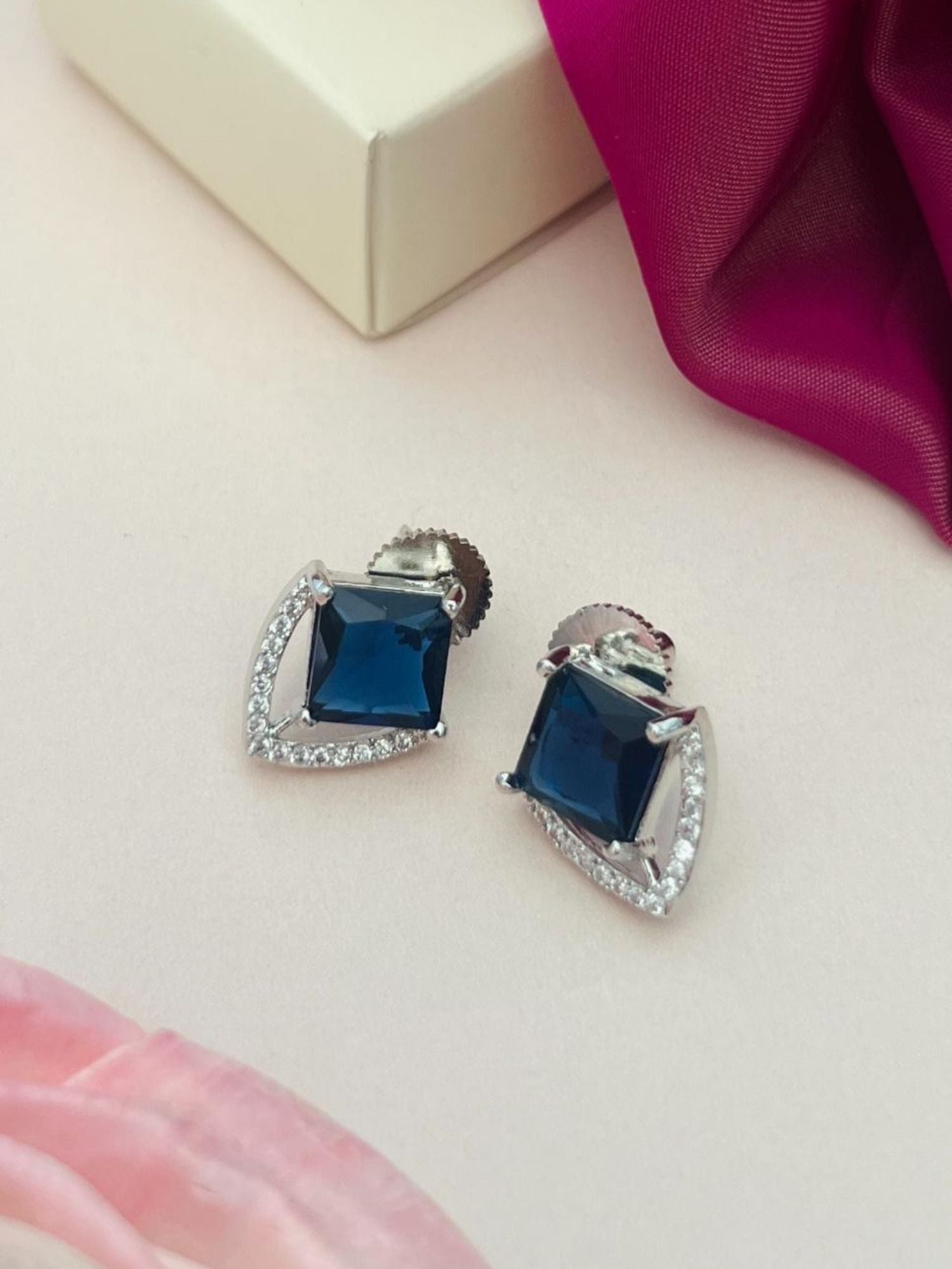 Unique Silver Plated American Diamond Stud Earring with blue square gemstone and crystal detailing
